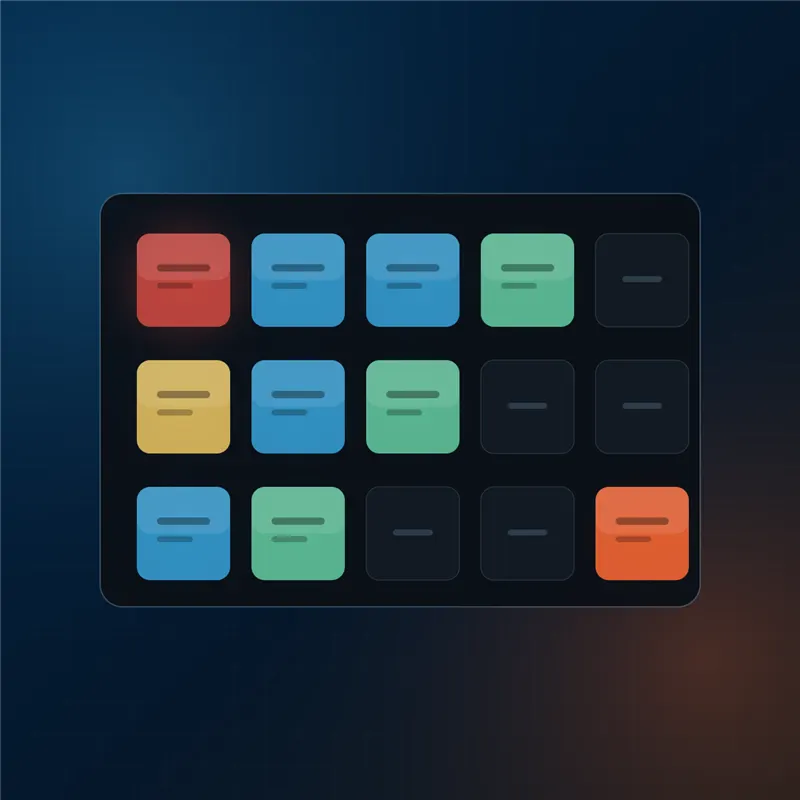 Illustrasjon: stream deck der hver knapp er en oppgave eller driftsalarm, fargekodet etter hva som haster