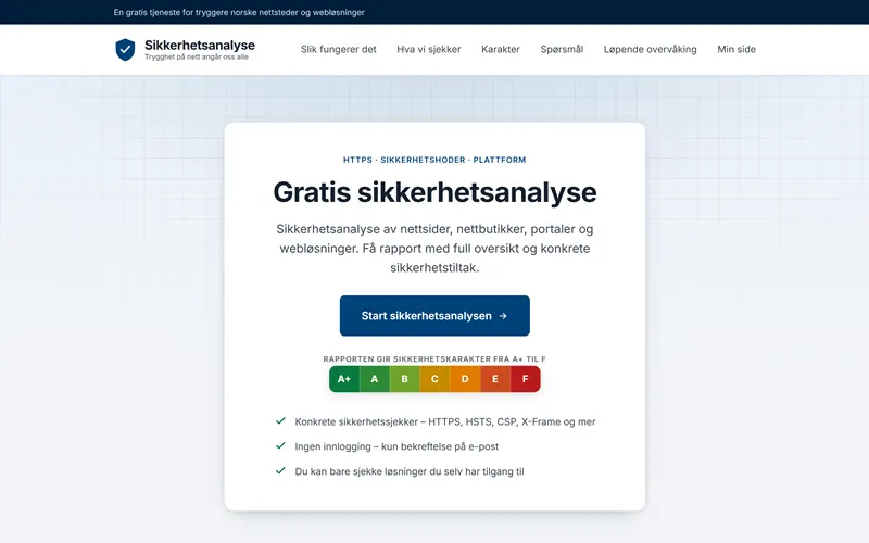 Skjermbilde av forsiden til Sikkerhetsanalyse.no