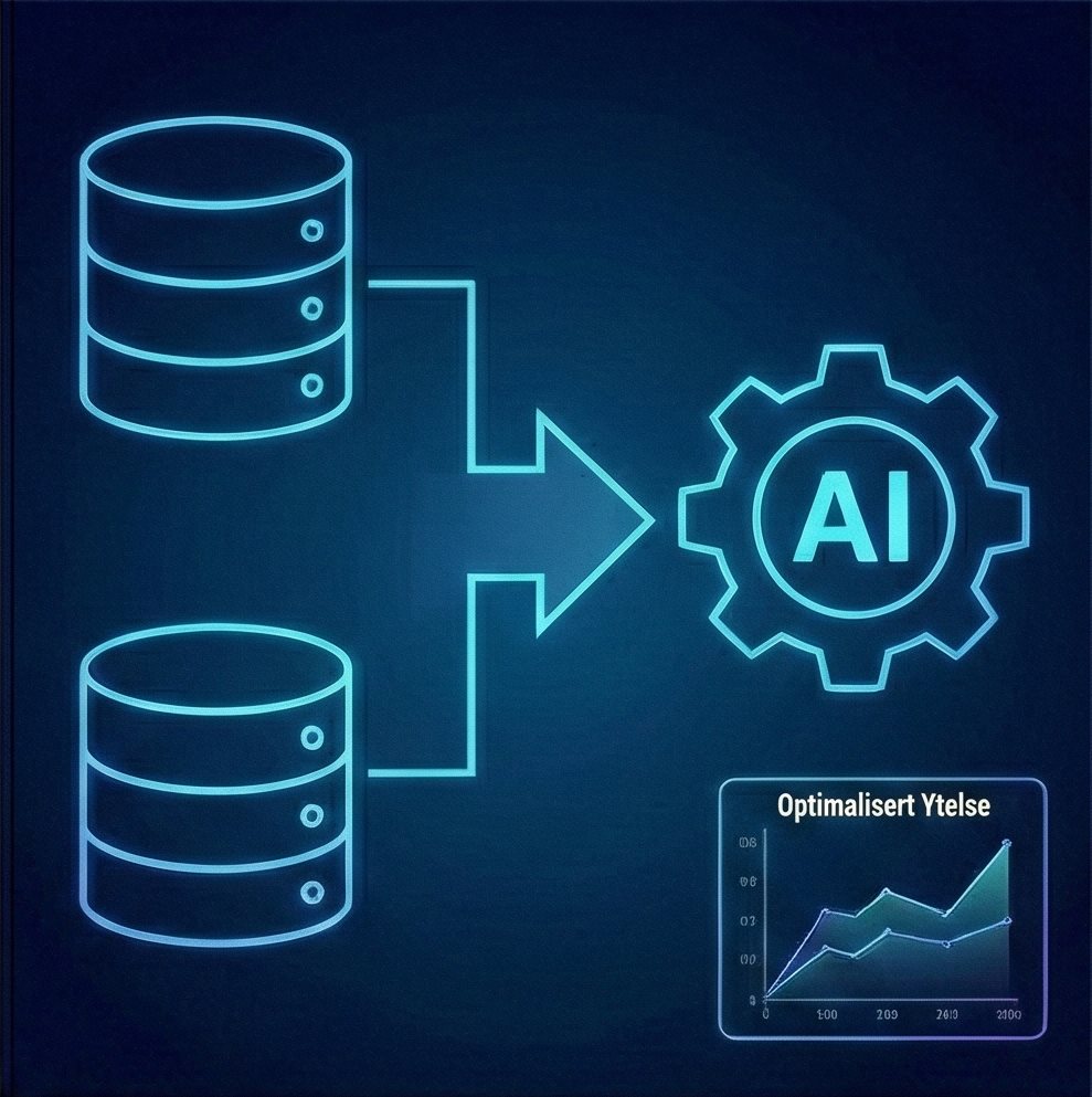 Illustrasjon: data fra flere databaser samles i en AI-motor som gir optimalisert ytelse